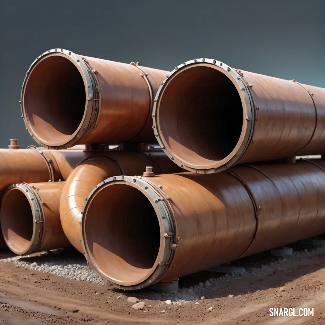 A large pile of industrial pipes stacked haphazardly on a dirt field, with a nearby building and a clear blue sky above. The pipes, a symbol of construction, stand out against the earthy ground, with the color CMYK 0,59,80,0 adding a bold tone to the indu