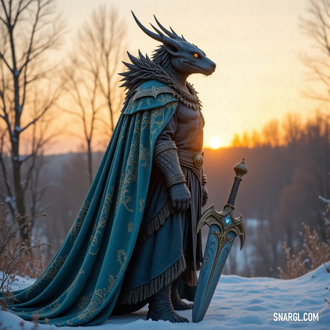 A majestic statue of a dragon donning a flowing cape and fierce sword, poised heroically on a snowy hill, surrounded by a serene wintery landscape and silhouetted trees under the fading light.