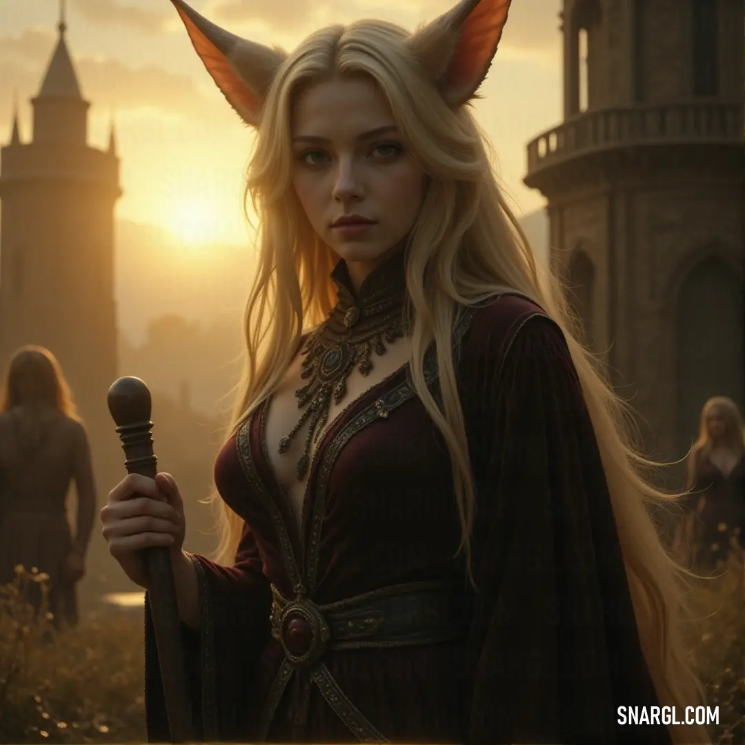 A woman dressed in an intricate, horn-adorned costume brandishes a sword in front of an imposing castle. Her majestic stance and regal attire create an unforgettable scene, filled with tales of bravery and fantasy.