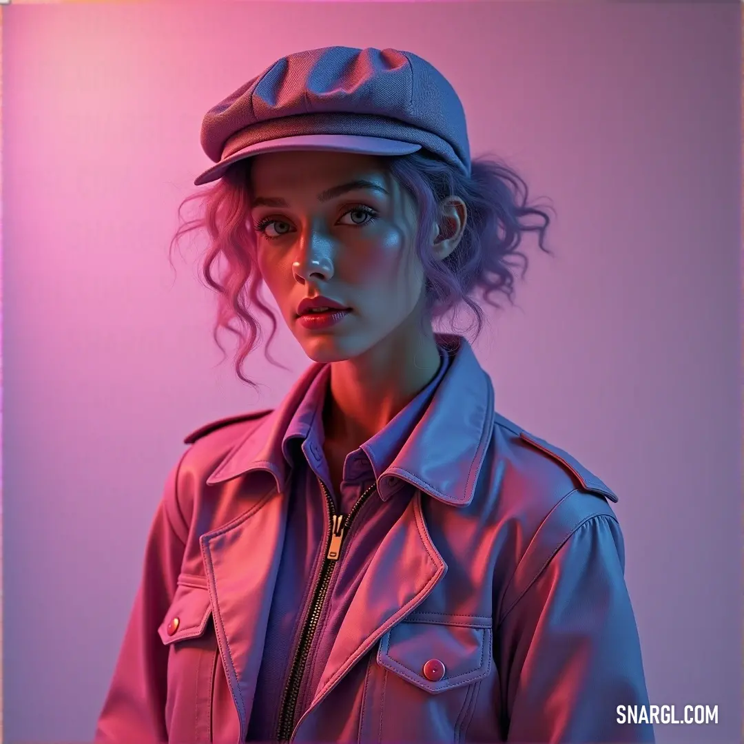 A stylish woman poses against a vibrant pink background, her chic hat and jacket adding flair to the scene. The warm tones of her outfit harmonize beautifully with the backdrop, creating a lively yet polished portrait that radiates confidence.