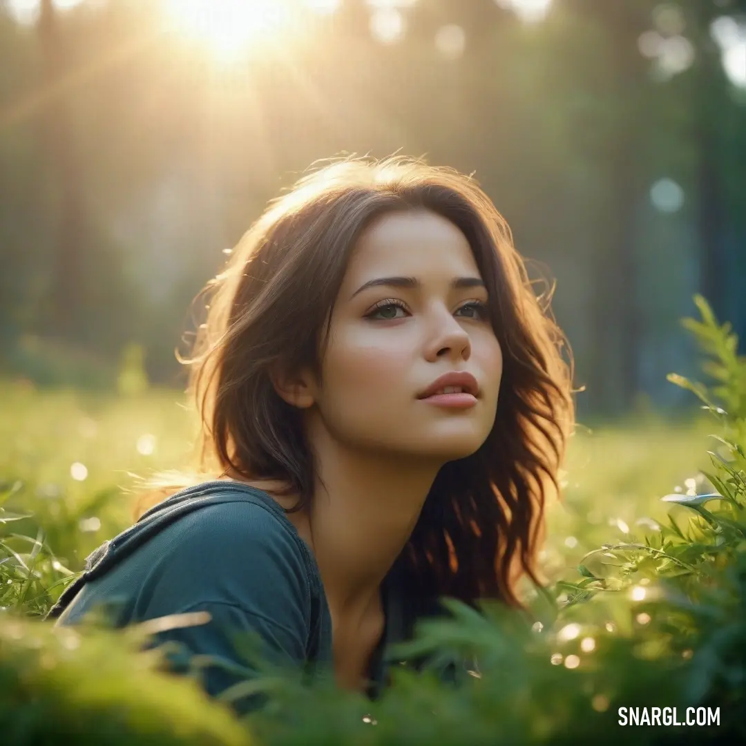 A serene woman reclines in soft grass, her hair flowing gently in the breeze as sunlight filters through her closed eyes, embodying a moment of peace and tranquility.