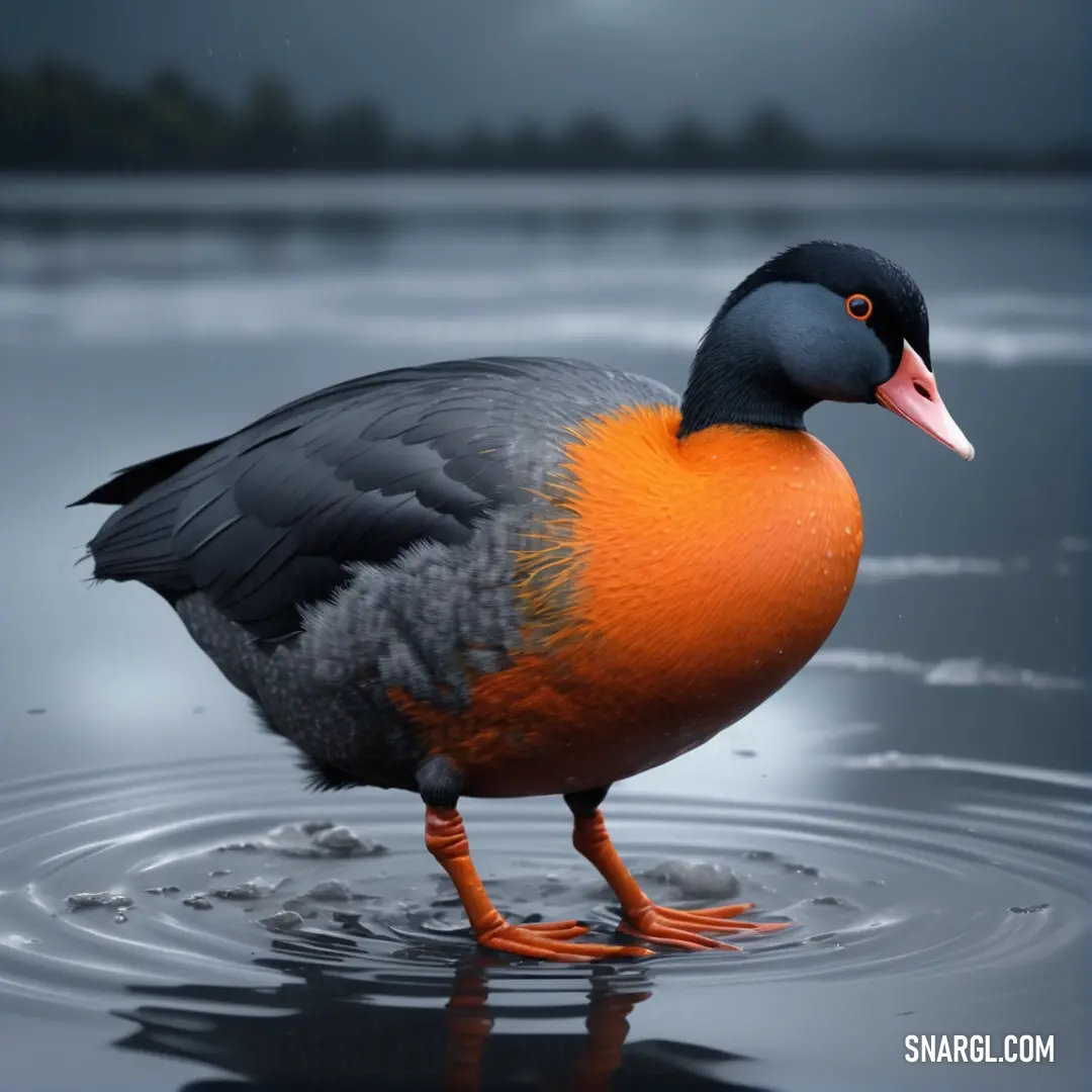 Bird with an orange beak standing in water with a dark background