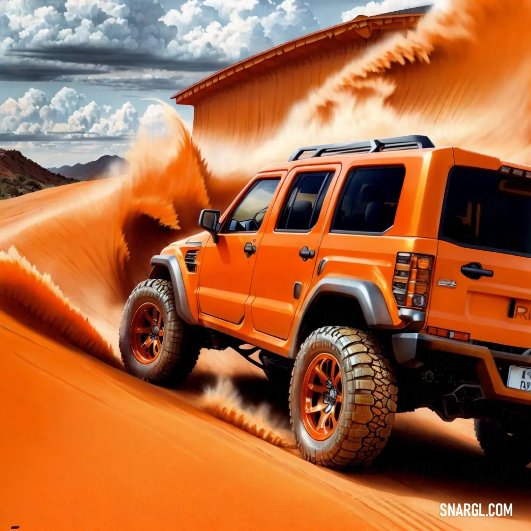 Bright orange jeep driving through a desert landscape with a large orange dune behind it and a sky filled with clouds