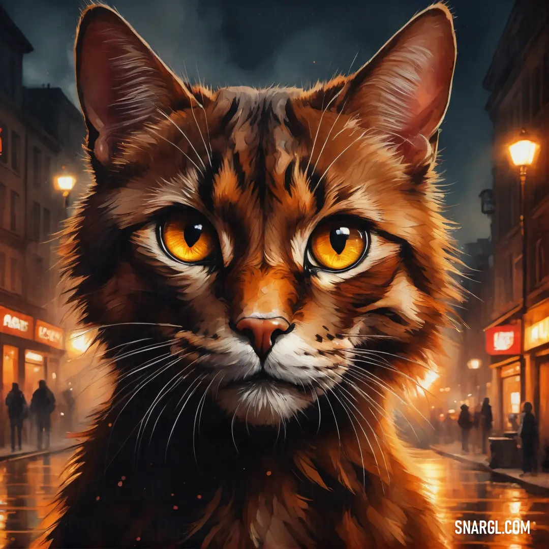 Cat with yellow eyes is on a rainy street at night with people walking by and a dark sky. Example of CMYK 0,70,100,0 color.