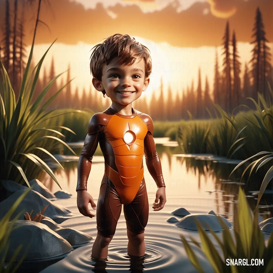Digital painting of a boy in a body suit in a pond with a sunset in the background and a pond with grass and rocks
