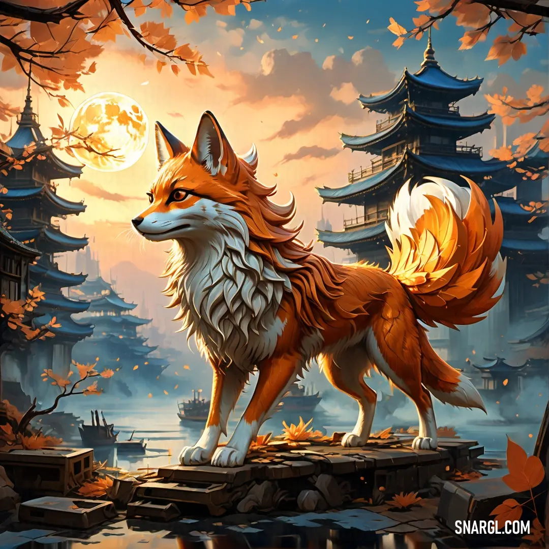PANTONE 1655 color example: Fox standing on a rock in front of a forest with pagodas and trees in the background