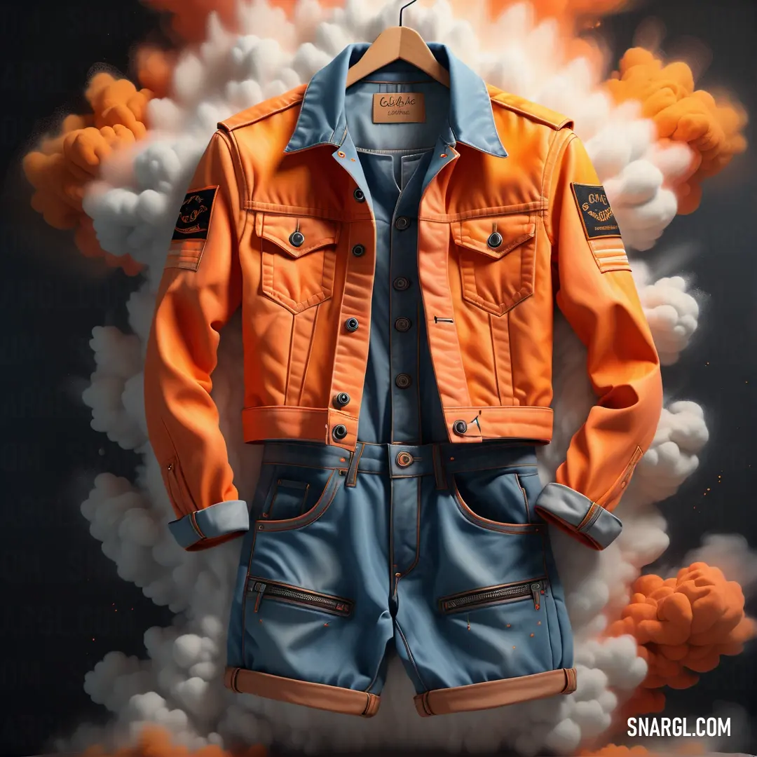 CMYK 0,73,98,0 example: Jacket is hanging on a clothes rack in the clouds of clouds and clouds behind it are a blue and orange jacket