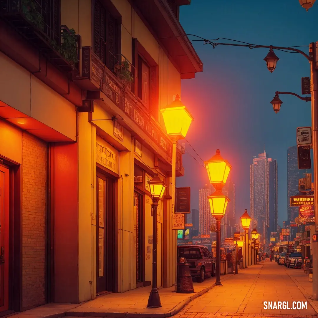 Street with a few lights on it and a few cars parked on the side of the street in front of the building. Color PANTONE 1655.