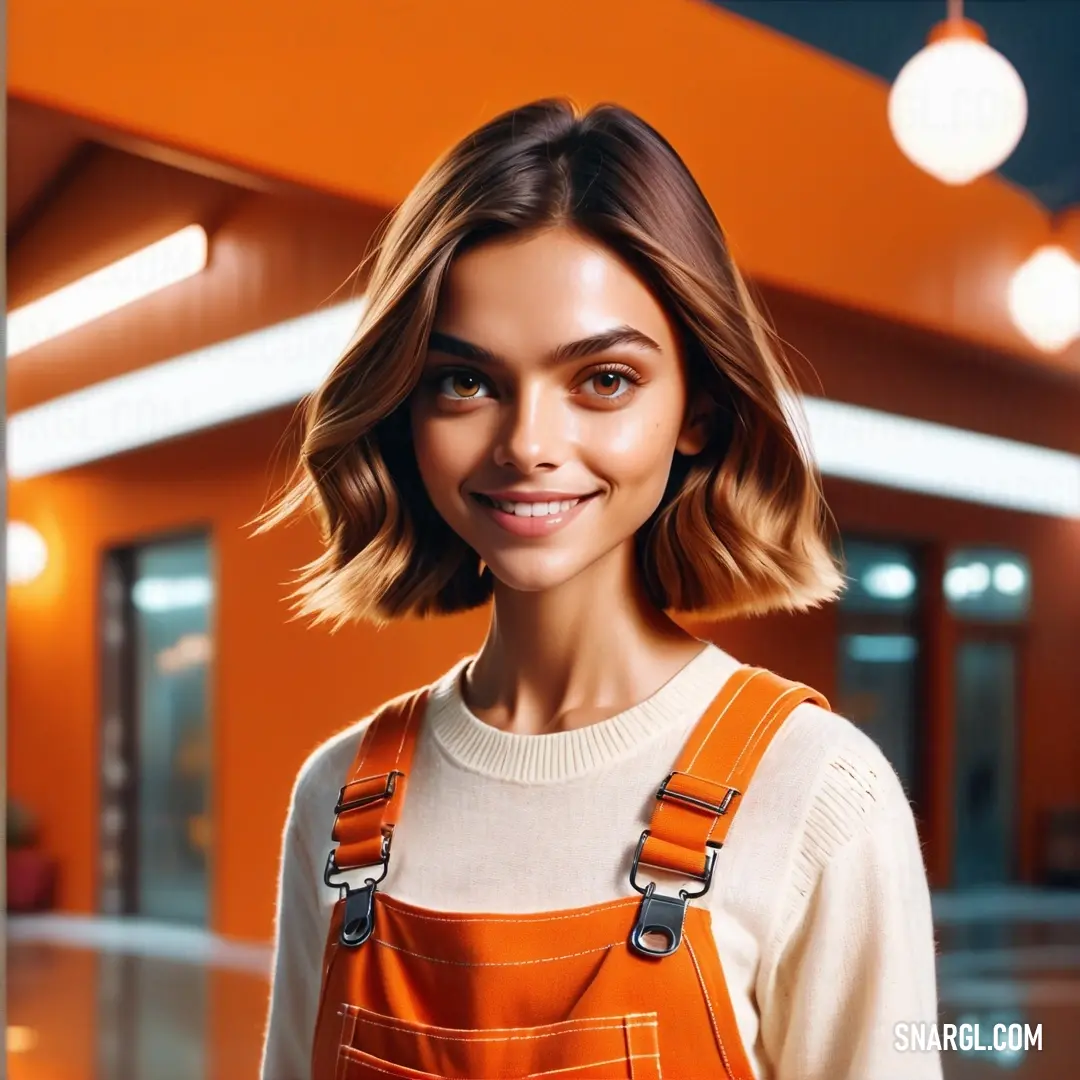 CMYK 0,73,98,0 example: Woman with a short bobble haircut and overalls smiling at the camera with a bright orange background