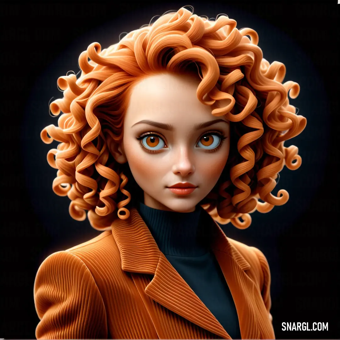 Woman with curly hair and blue eyes wearing a brown jacket and black turtle neck sweater. Color RGB 225,112,37.