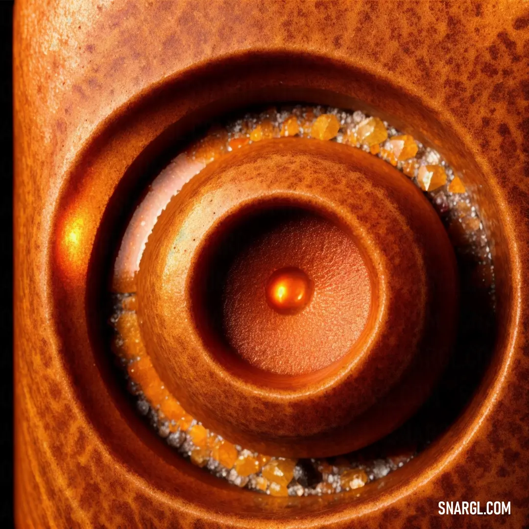 Close up of a vase with a circular design on it's surface and a small orange ball in the center