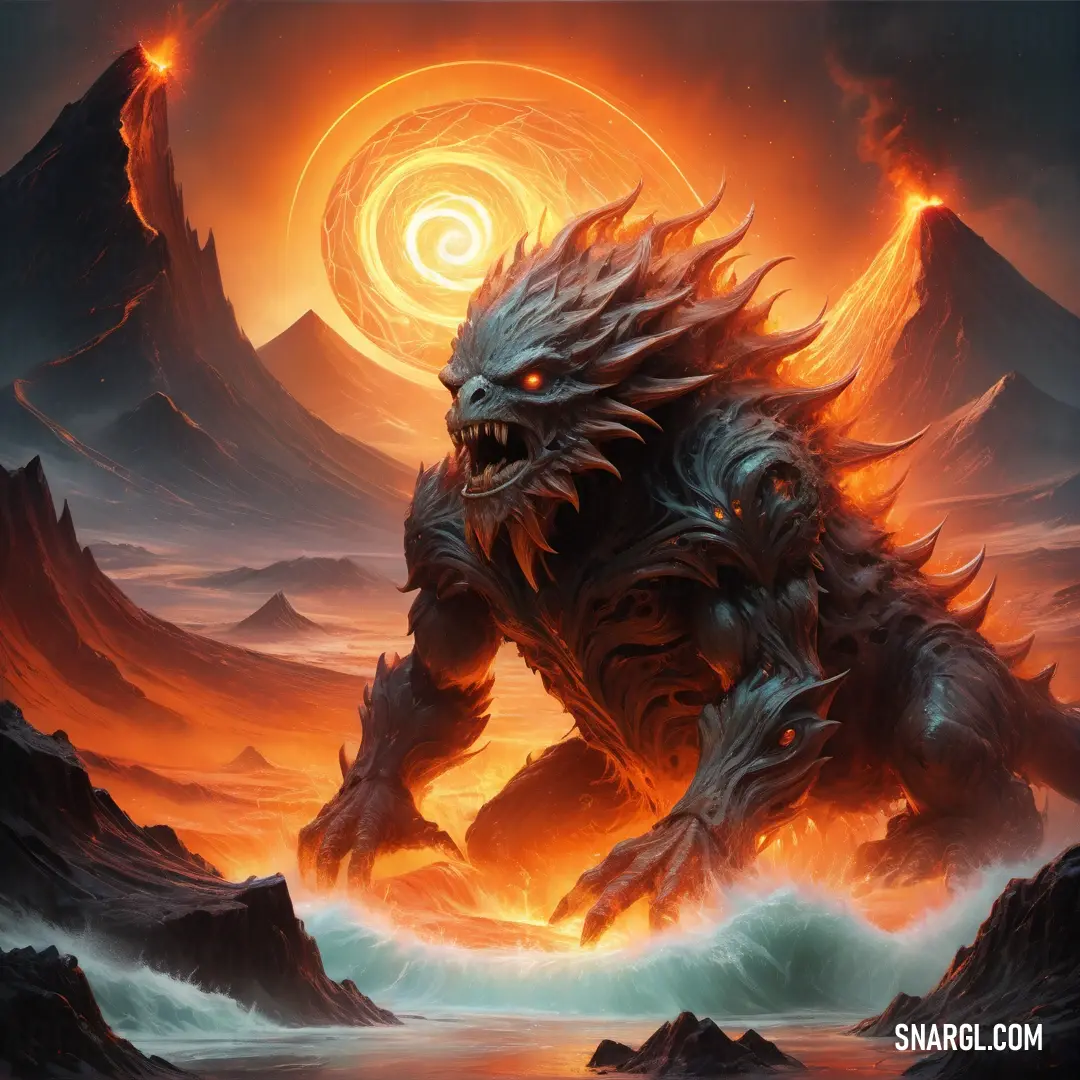 Demonic creature with a huge head and a massive body of water in front of a mountain range with a spiral vortex