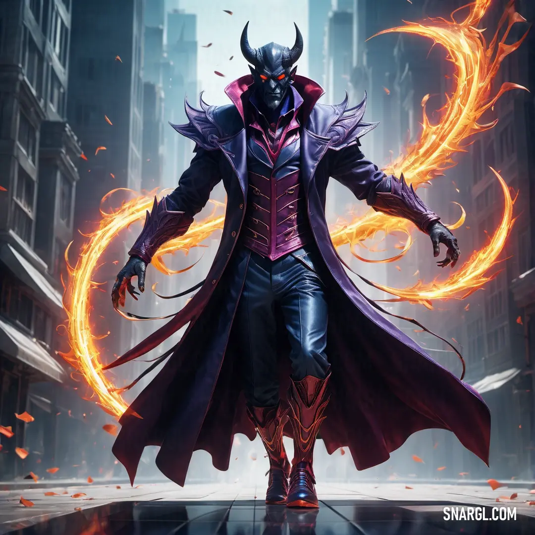 Man in a purple coat and red cape with a demon on his back and a ring of fire around his neck
