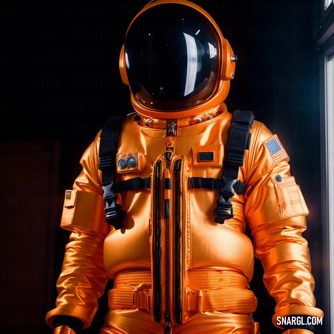 Man in an orange space suit standing in a doorway with his hands in his pockets and his face covered