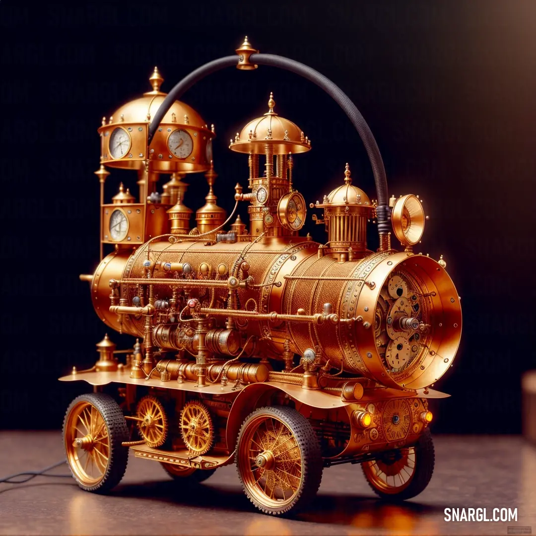 Gold colored model of a steam engine with clocks on it's sides and wheels on the front