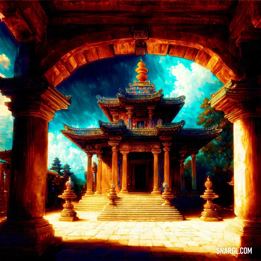 Painting of a chinese building with a sky background