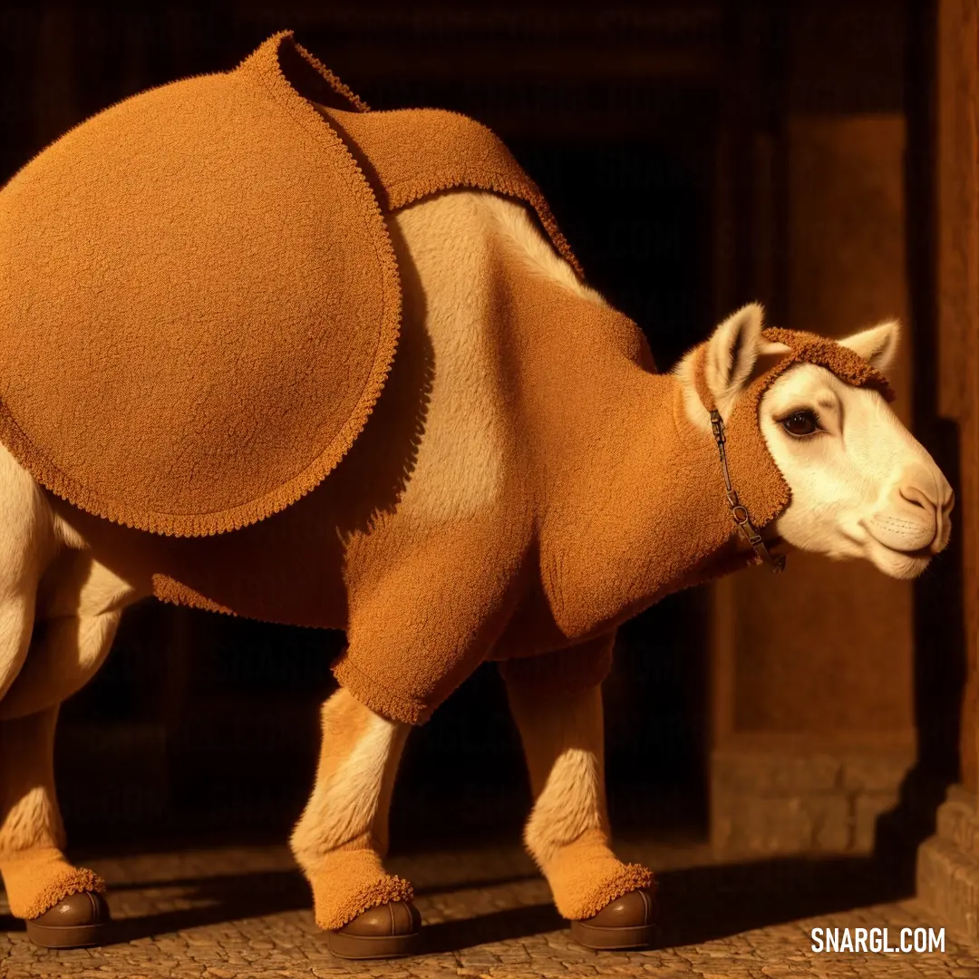 Stuffed camel is standing in a doorway with a saddle on its back