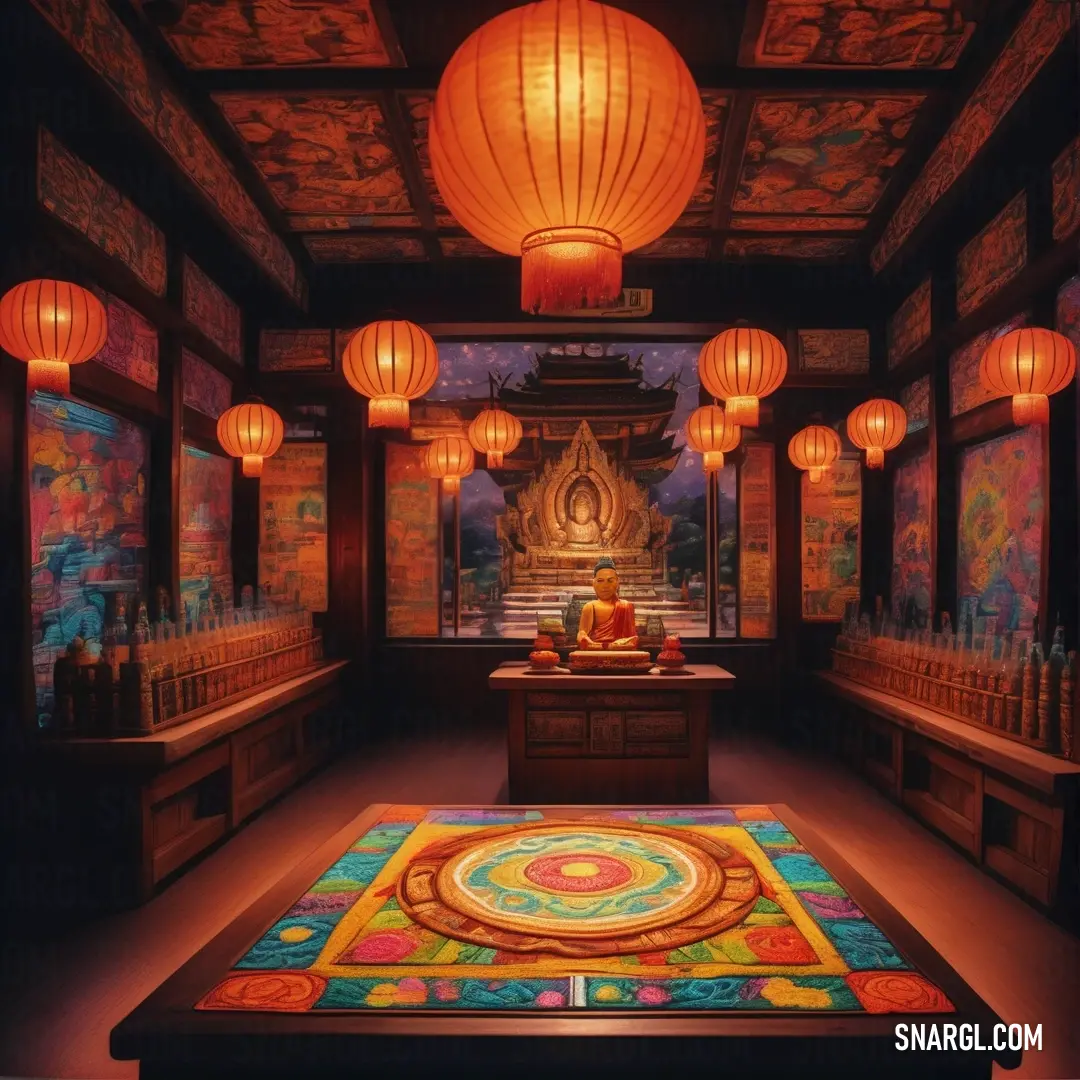 Room with a rug and lights in it and a buddha statue on the floor in the middle of the room. Color RGB 169,75,38.