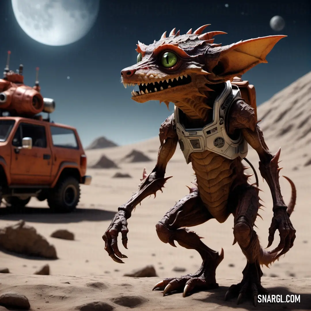Toy car and a monster in the desert with a full moon in the background and a vehicle in the foreground