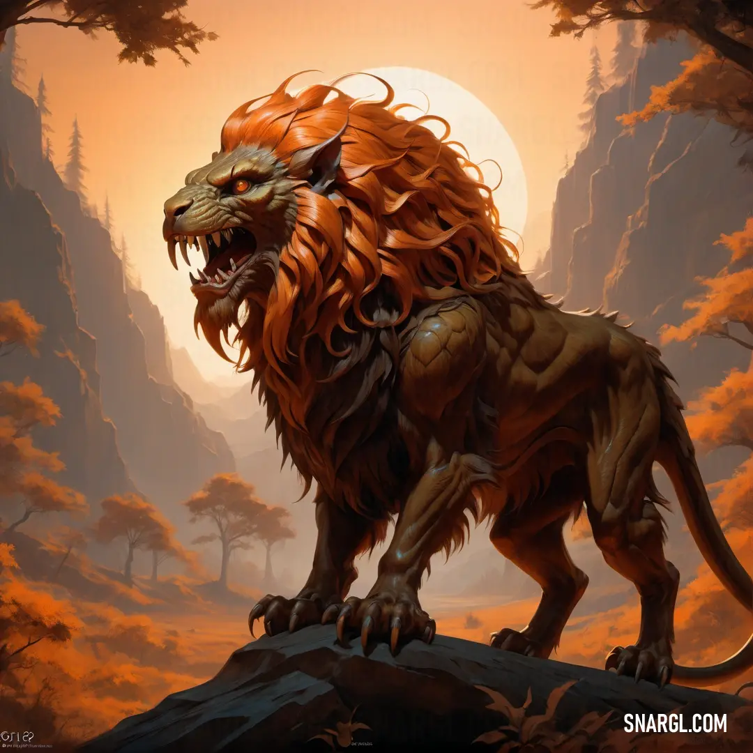 Lion with long mane standing on a rock in a forest with a sun in the background. Color #874122.