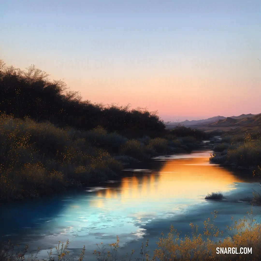 Painting of a river with a sunset in the background and a few bushes and trees around it and a few bushes