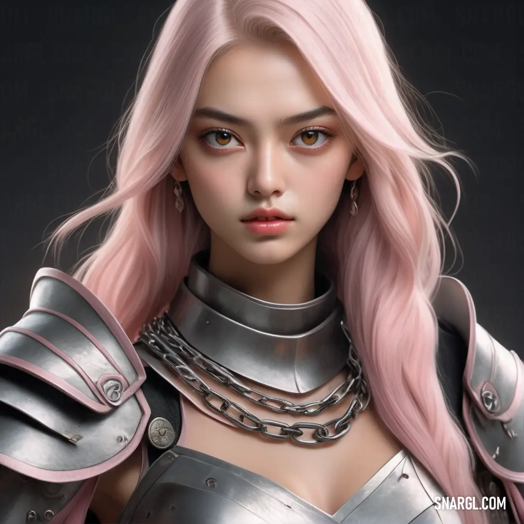 Woman with pink hair and armor on her chest