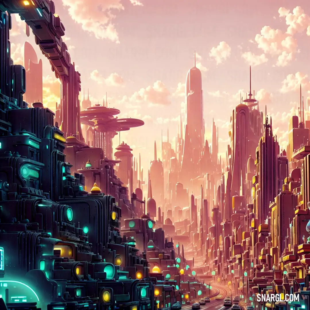 Futuristic city with a lot of lights and buildings in the background