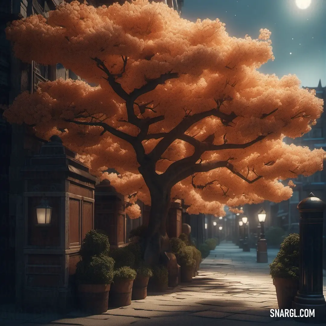 Tree with orange leaves in a city street at night with a full moon in the background and a lamp post in the foreground