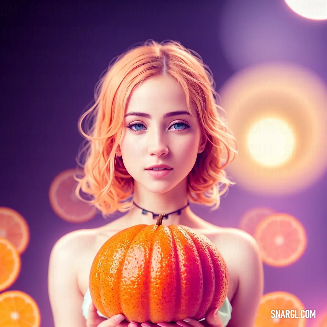 Woman holding a large orange in her hands with a purple background and circles of oranges around her