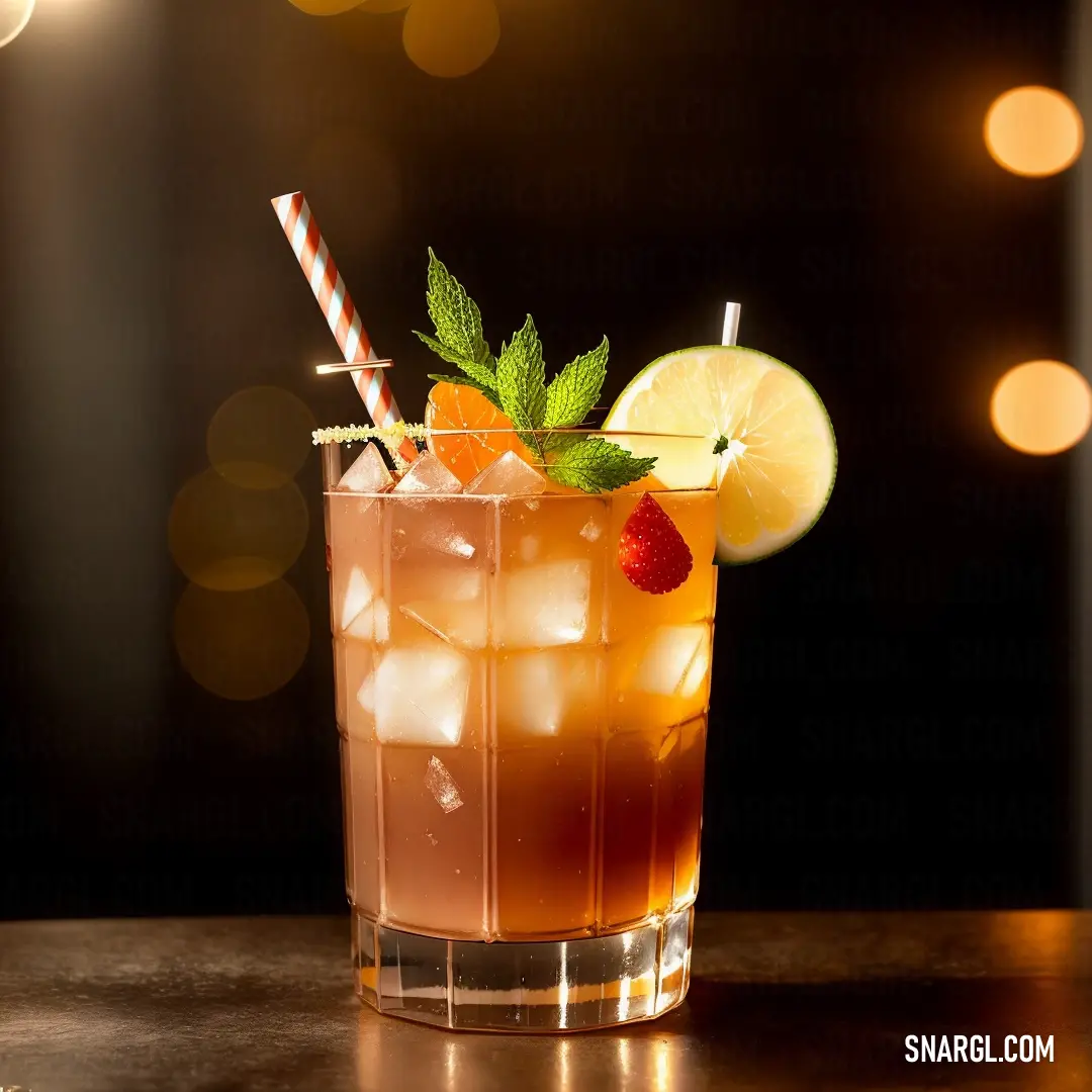 Glass of ice tea with a straw and a lime slice on the rim and a straw in the cup