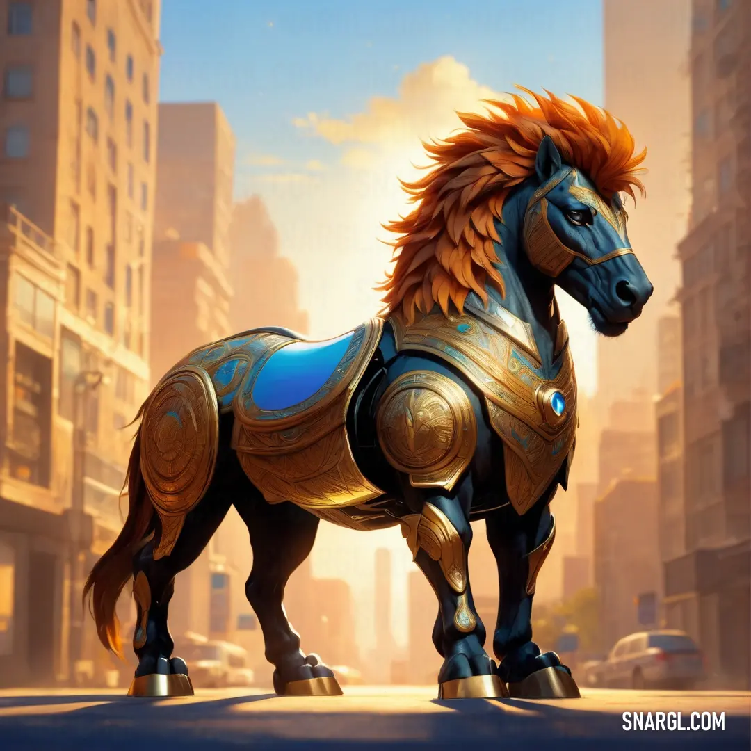 Horse with orange hair standing in a city street with tall buildings in the background and a blue sky