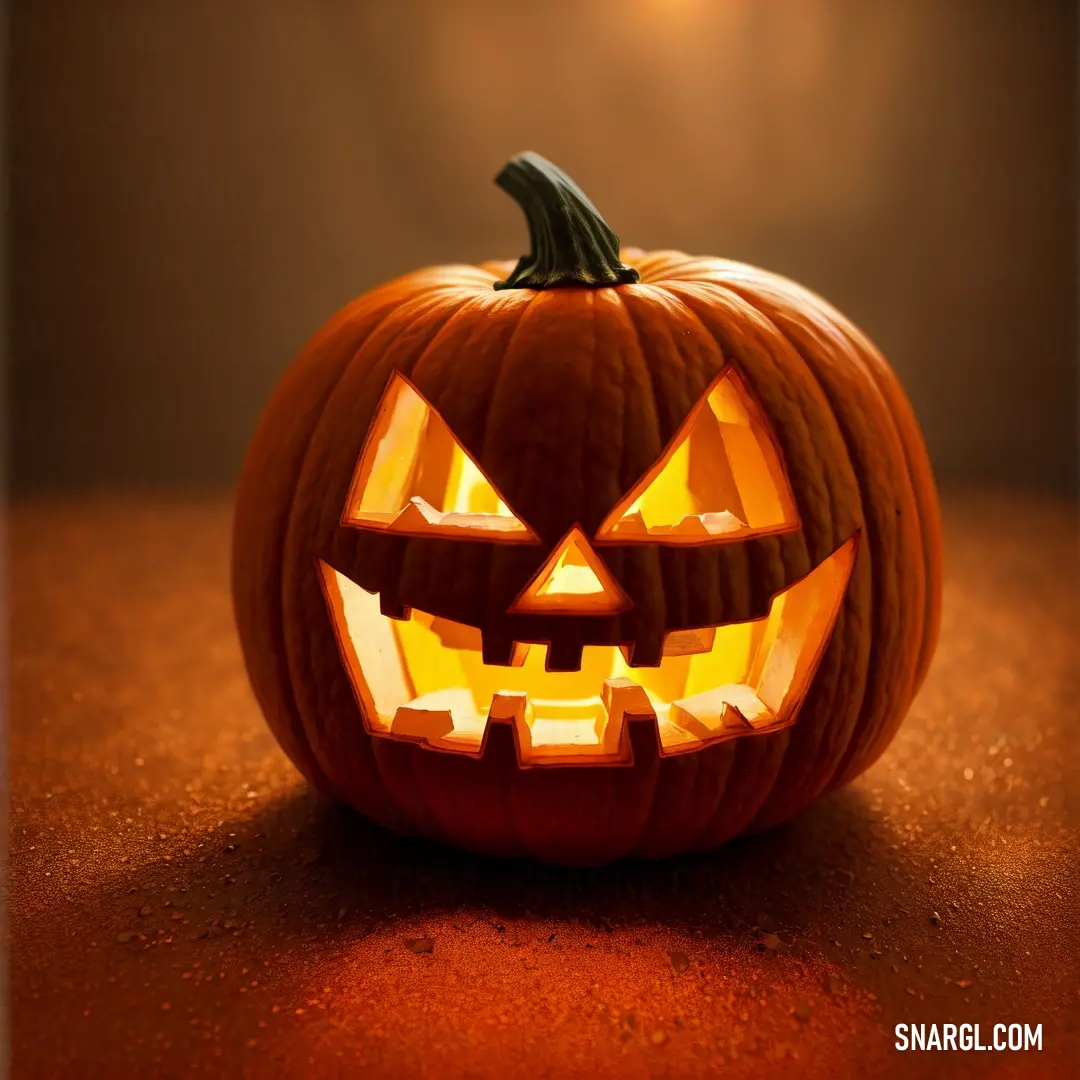 Carved pumpkin with a lit face on a table with a light shining on it's side and a dark background