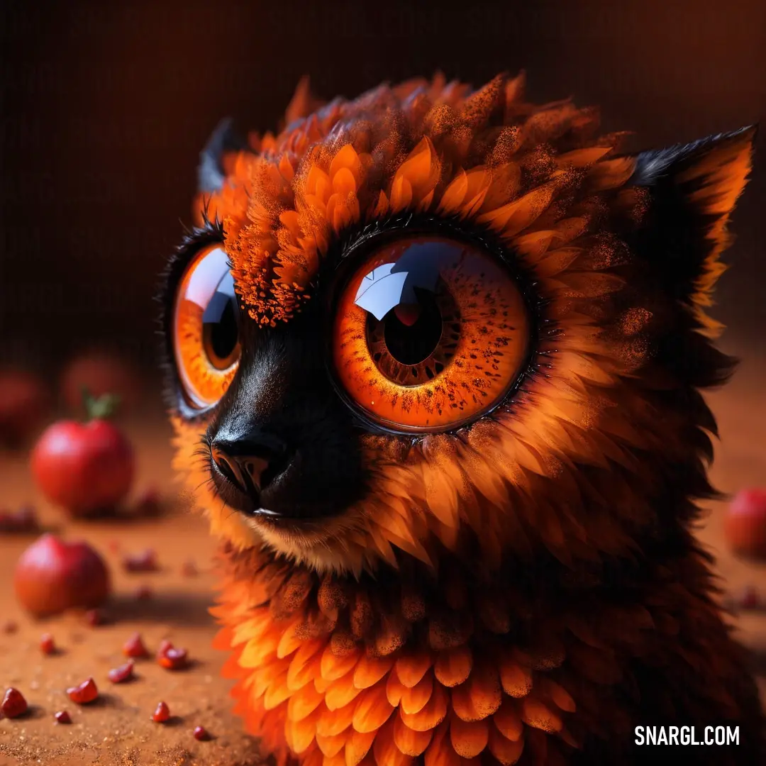 Close up of a stuffed animal with orange eyes and a lot of apples around it on a table