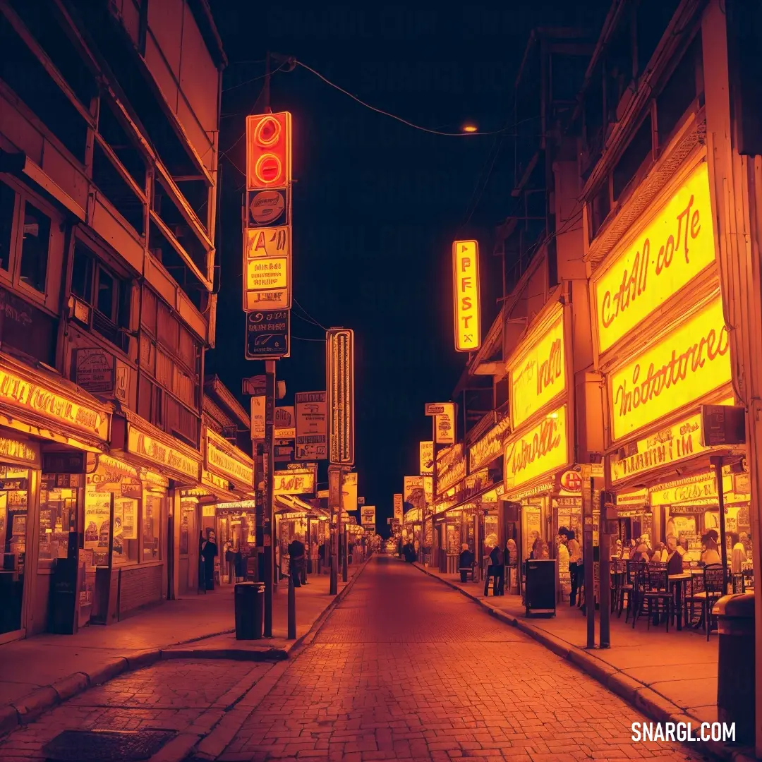 Street with a red traffic light and a row of buildings with signs on it at night time with people walking on the sidewalk