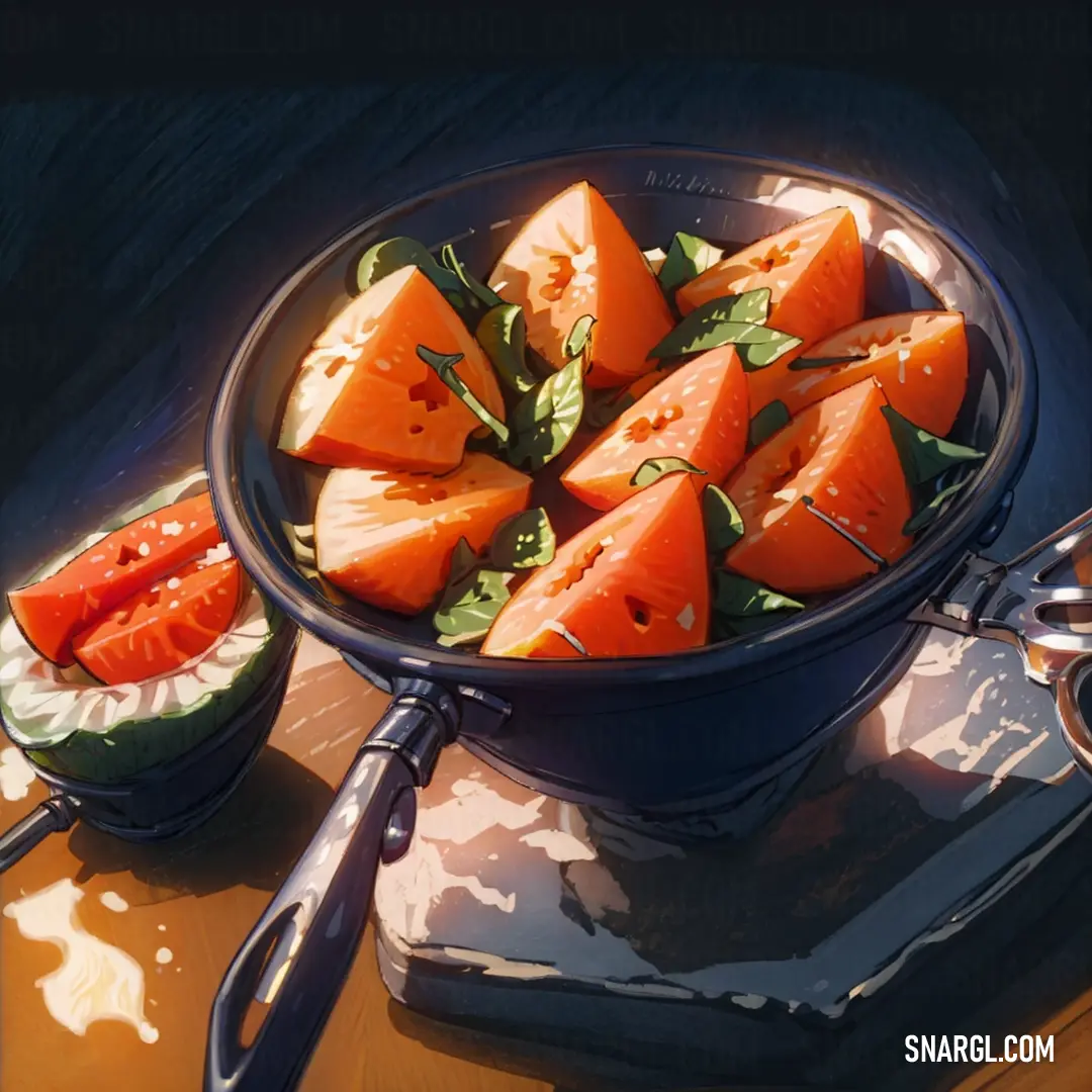 Bowl of watermelon slices and a bowl of salad on a table with a spoon and a knife