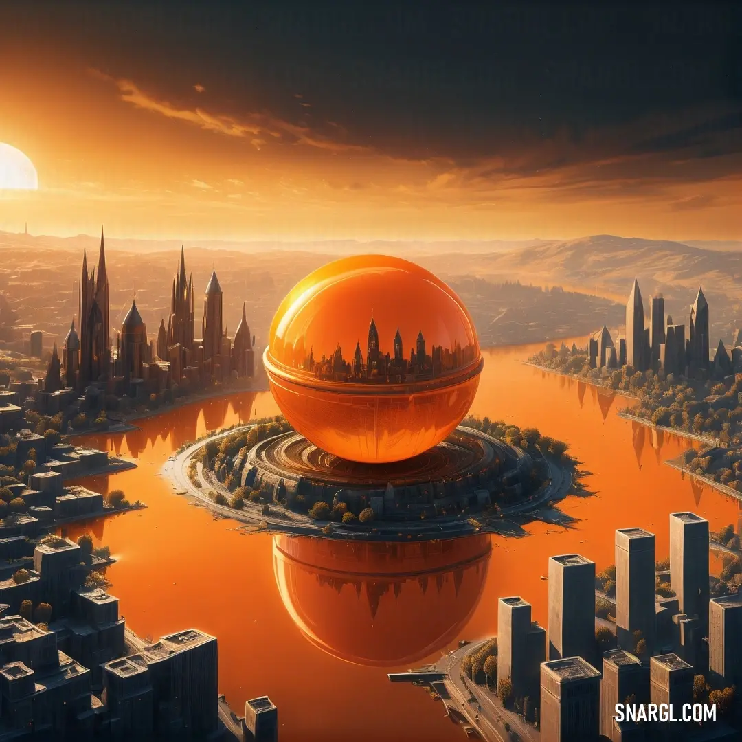 Futuristic city with a giant orange ball in the middle of it's water front area. Color #D7572B.