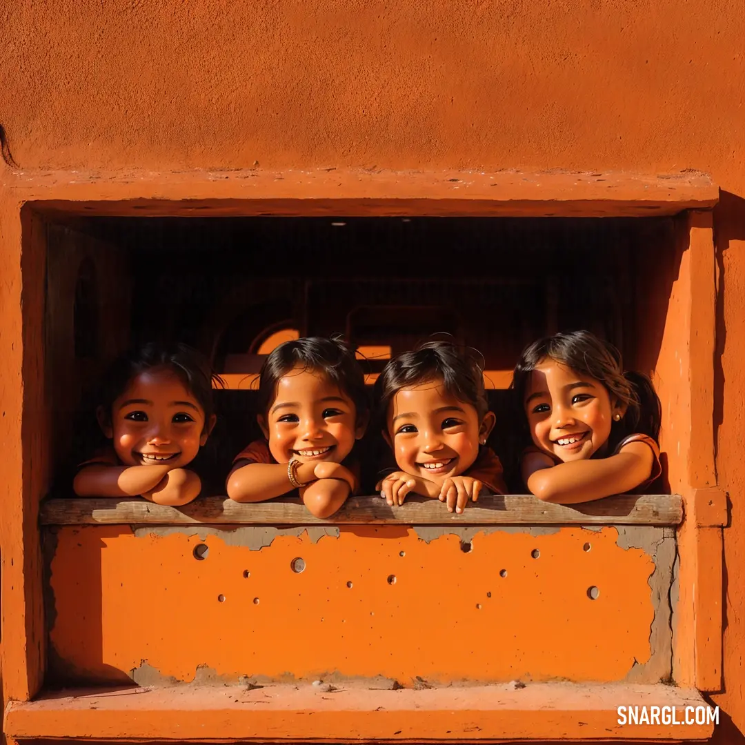 Group of children are looking out of a window with their hands on their hipss and smiling at the camera