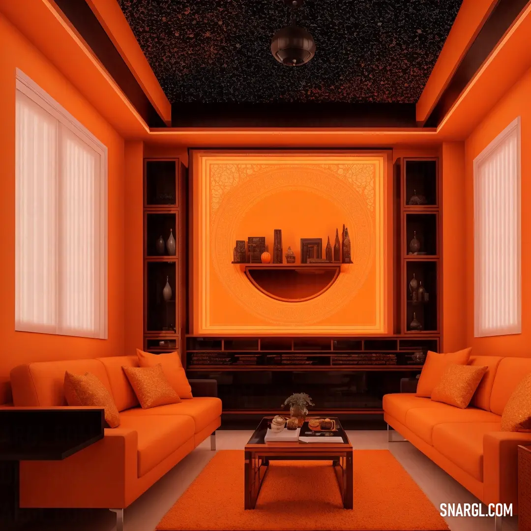 Living room with orange furniture and a large picture on the wall above the couches and a coffee table