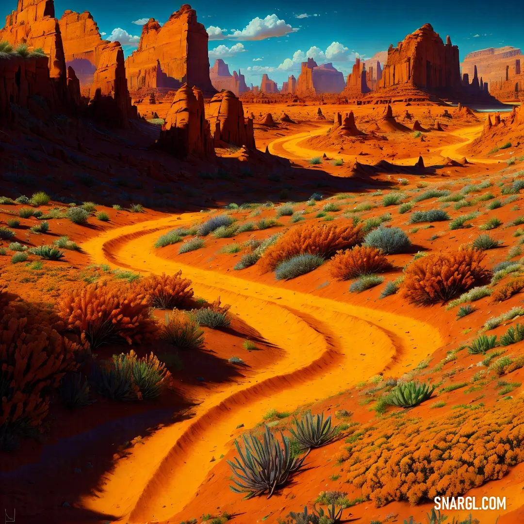 Painting of a dirt road in the desert with mountains in the background and a blue sky with clouds
