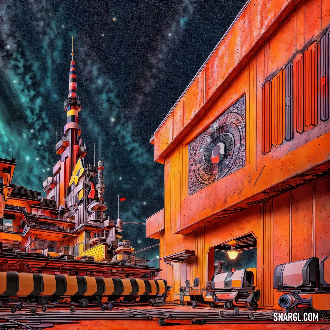 Painting of a futuristic city with a clock tower in the background and a sky full of stars and clouds