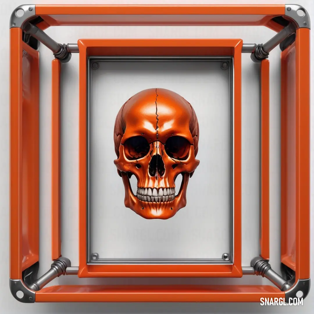 Skull in a square frame with a metal frame around it and a red frame around it with a metal frame around it. Example of CMYK 0,82,94,2 color.