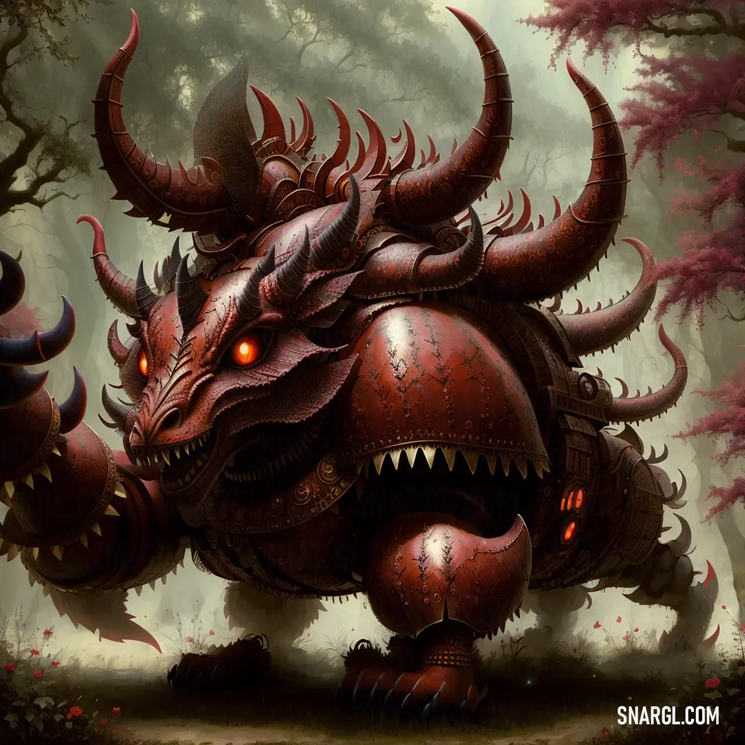 Red dragon with horns and horns on its head is in the woods with trees and bushes