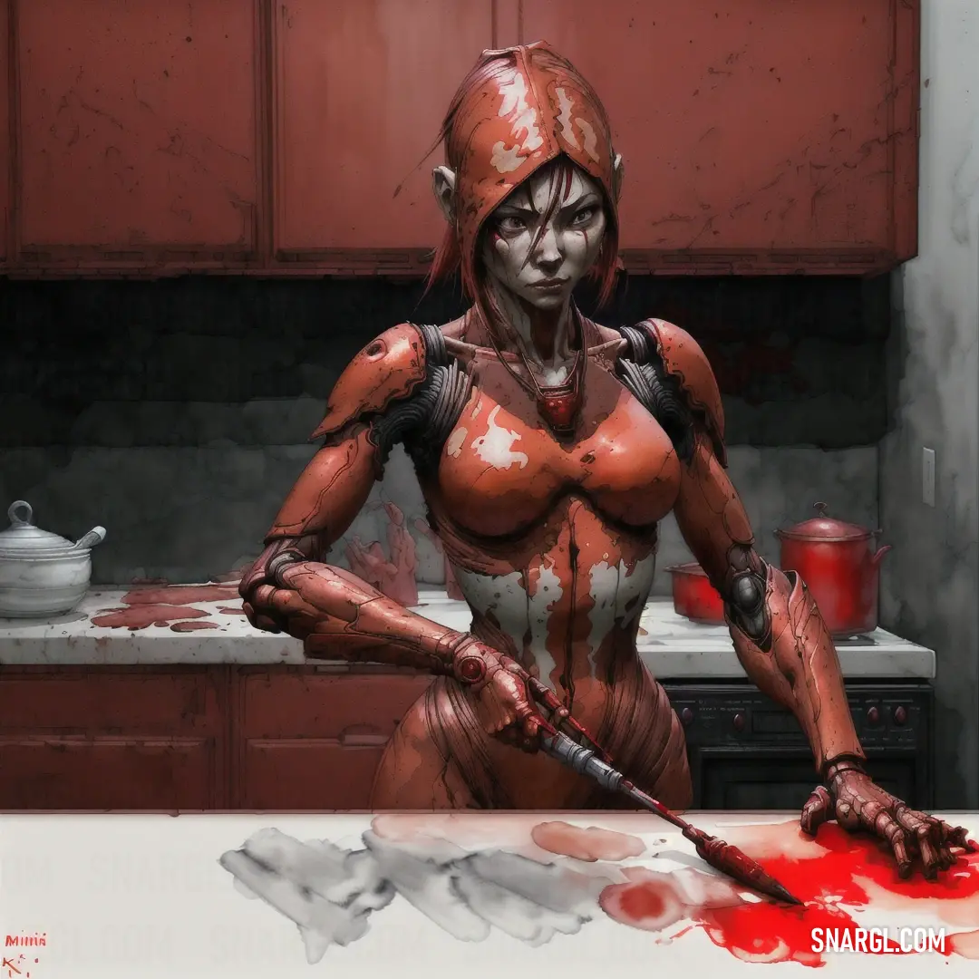 Woman with blood on her body and hands holding a knife in a kitchen area with red cabinets and a counter