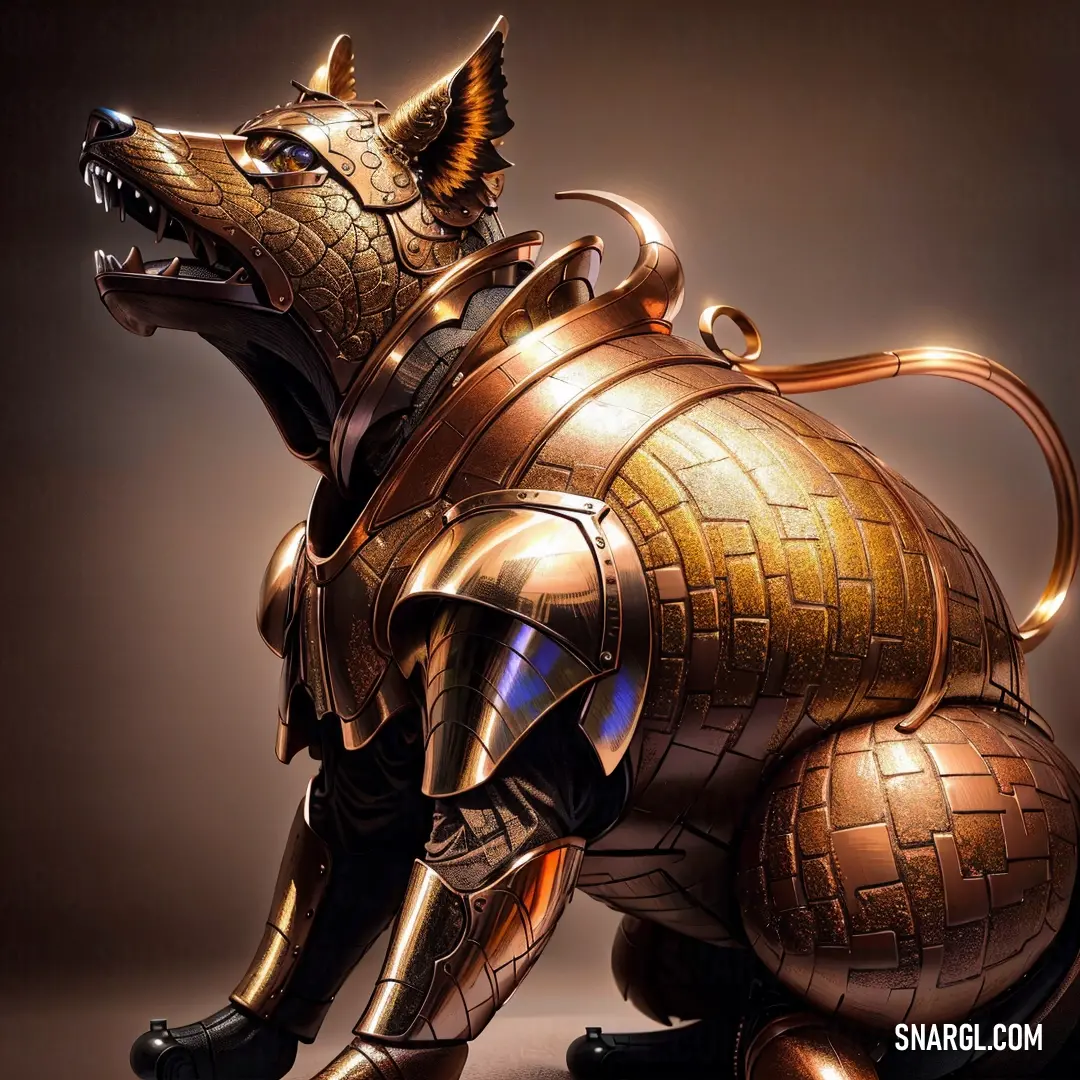 Golden statue of a dog with a helmet on it's head and legs
