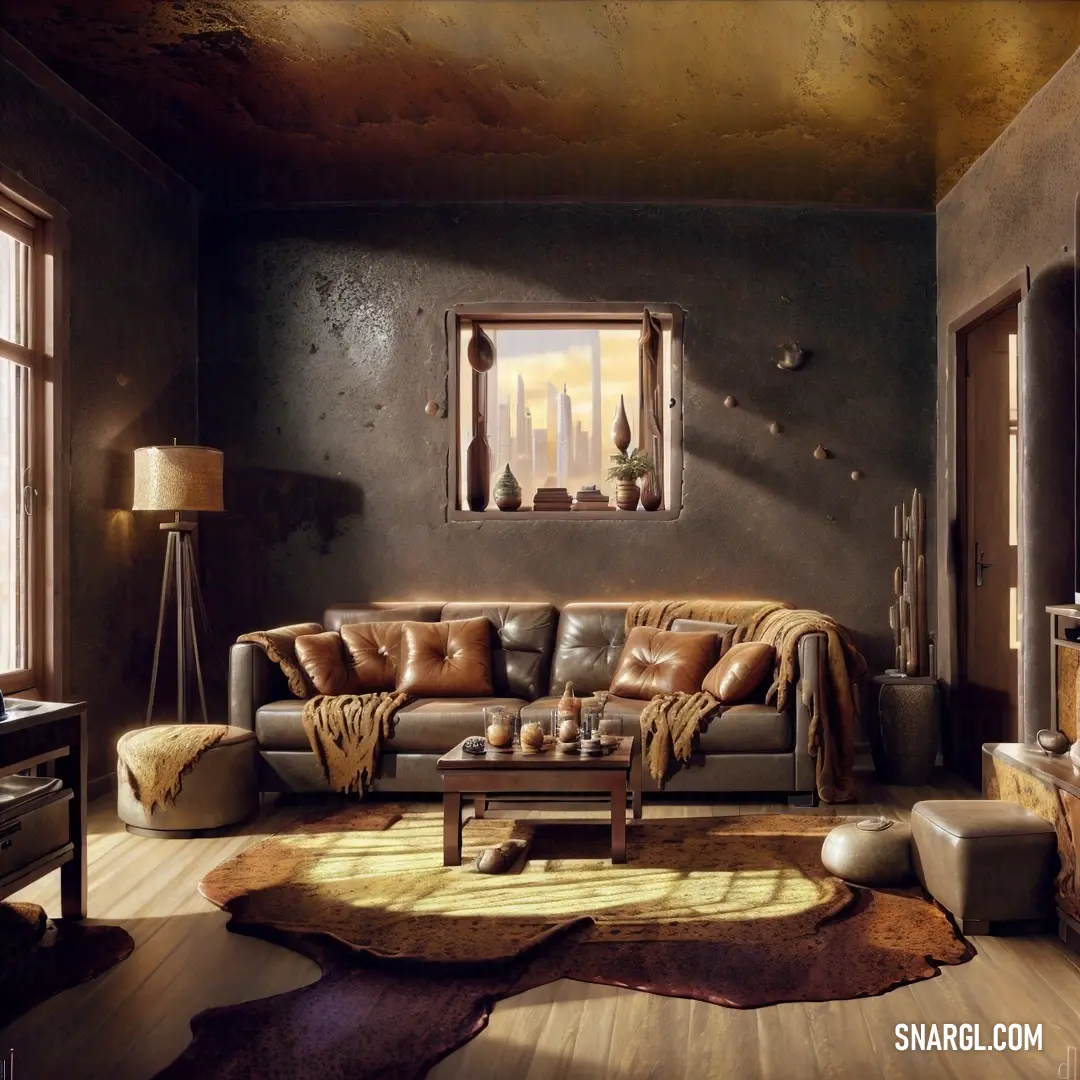 Living room with a couch and a table in it and a painting on the wall above it that says