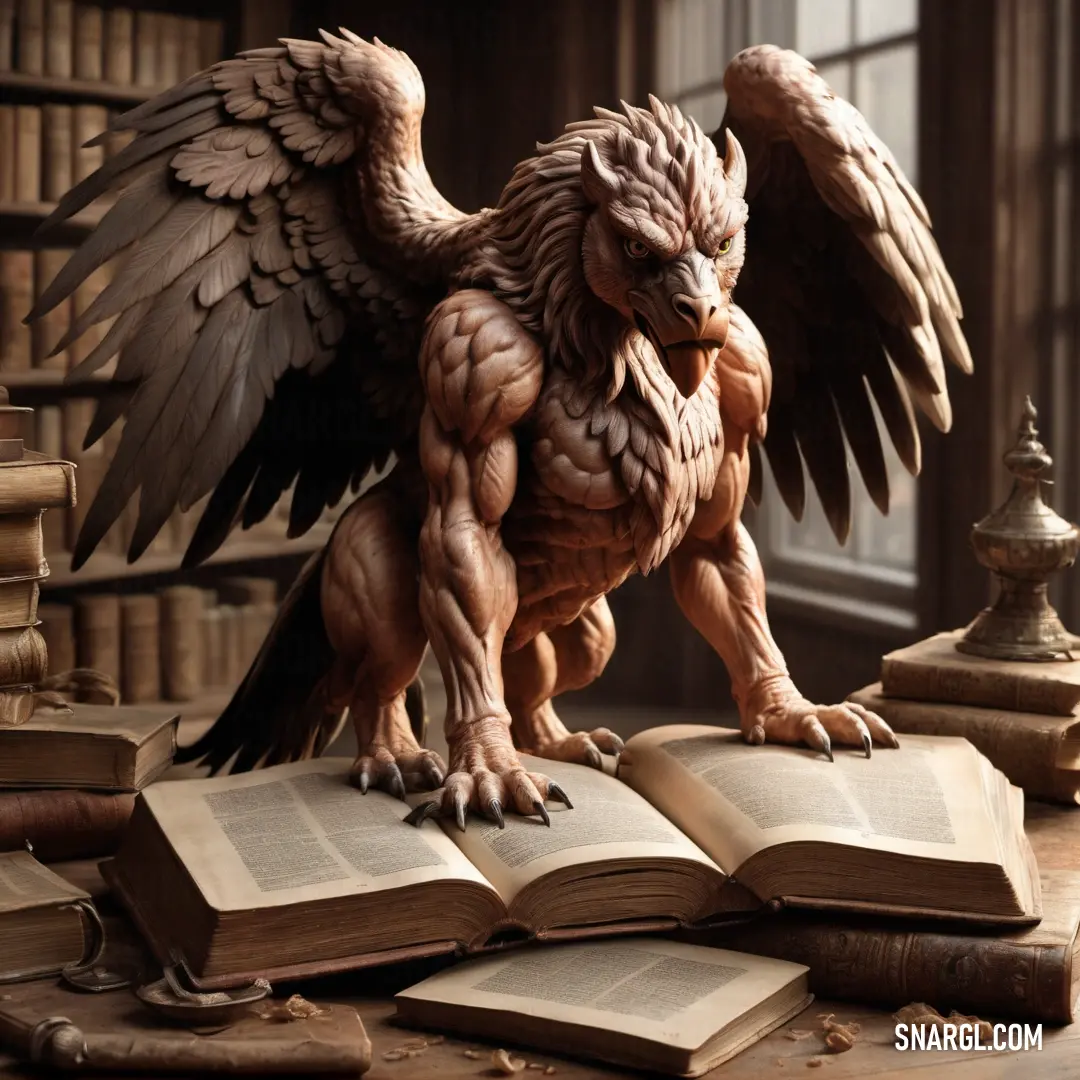 Statue of a bird on top of a book next to a pile of books on a table. Example of #77402E color.