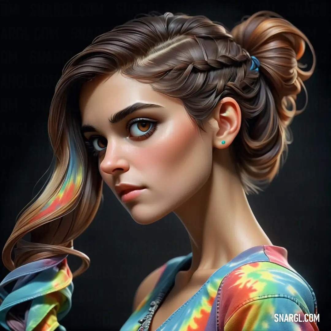 PANTONE 175 color. Woman with a braid in her hair and a colorful shirt on her shoulders