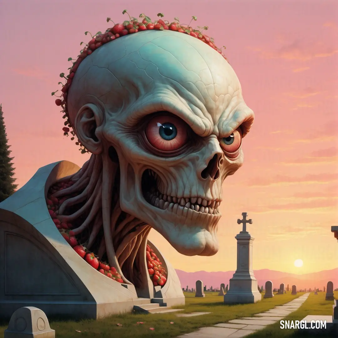 Creepy looking alien with a cemetery in the background at sunset with a cross in the foreground