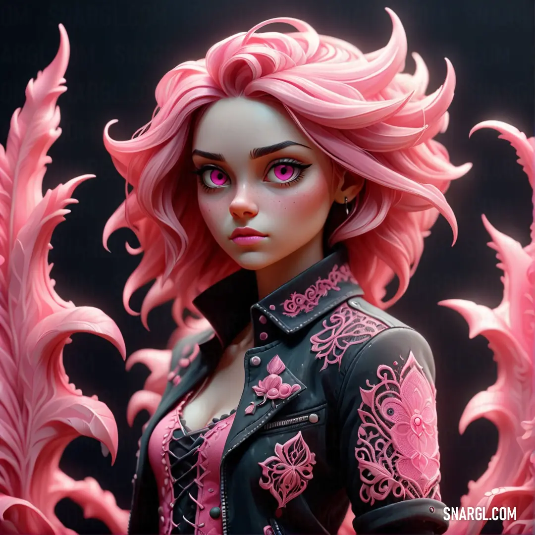 Pink haired woman with pink hair and a black jacket