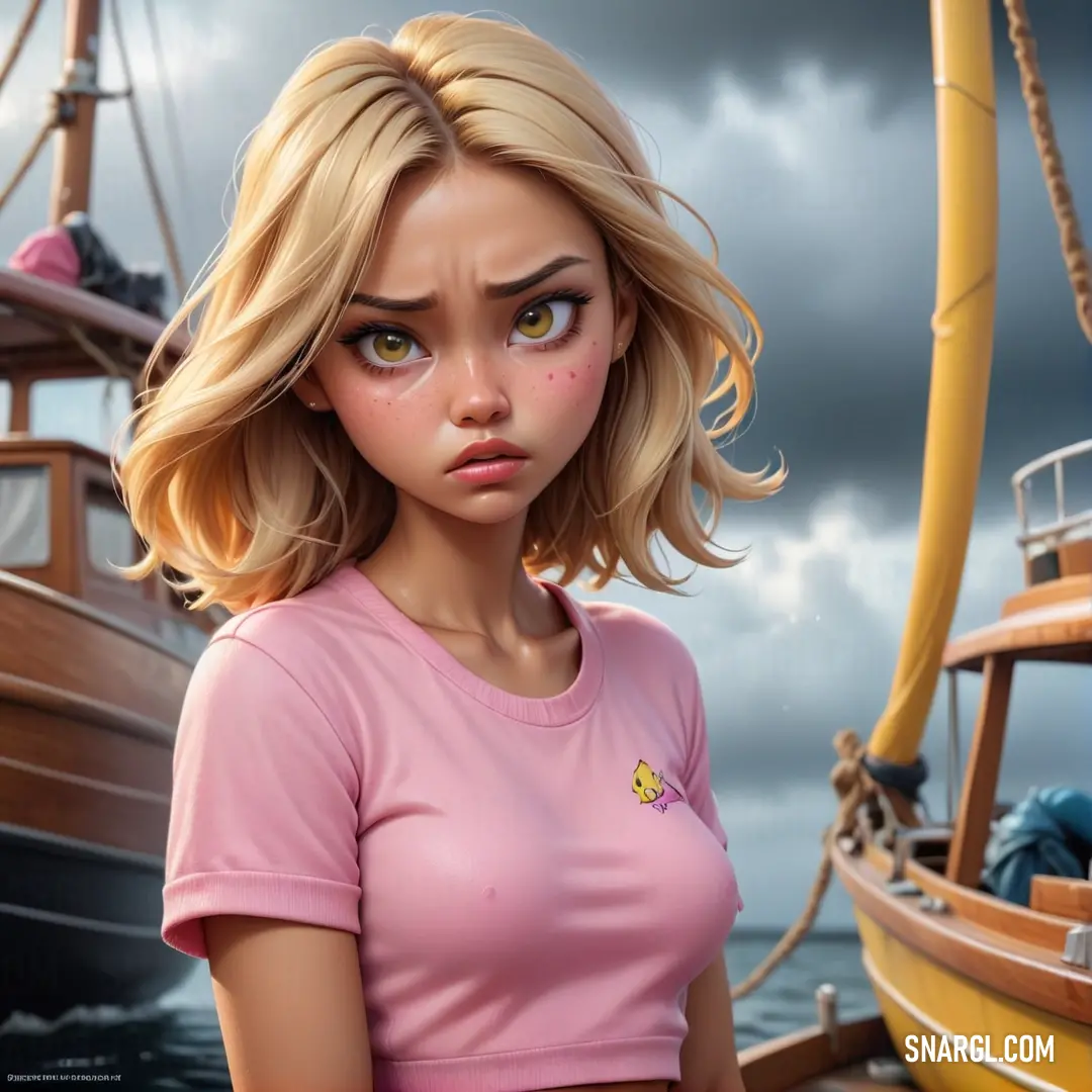 Cartoon girl with blonde hair standing next to a boat in the ocean. Example of CMYK 0,42,18,0 color.